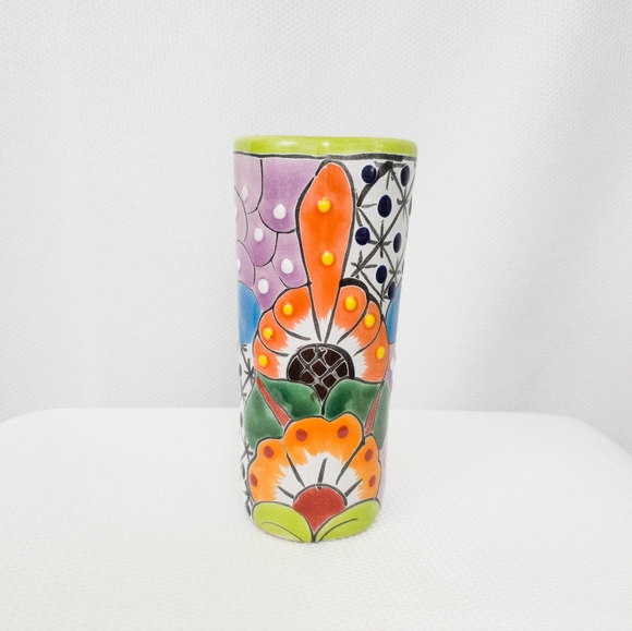 Talavera Mexican Green Rim Redware Pottery Vase - Picture 3 of 6